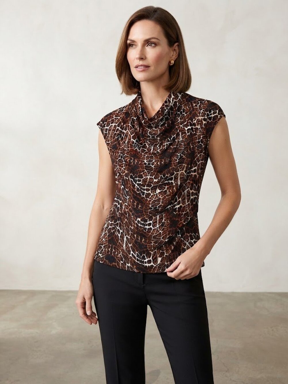 Worthington Animal-Print Cowl-Neck Cap/Sleeveless Blouse